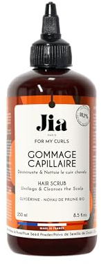 Jia Paris – Gommage Capillaire – 250ml – Cheveux Bouclés, Frisés, Crépus – Exfoliant Purifiant Naturel – Poudre de Noyau de Prune Bio & Glycérine – Stimule la Pousse, Cuir Chevelu Sensible
