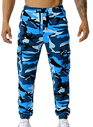 Kamouflagebyxor för män vardaglig elastisk midja arbetsbyxor män atletisk lätt löpning bana manschett träningsbyxor med fickor och dragsko fritid mode baggy promenader joggingbyxor, BLÅ, XL