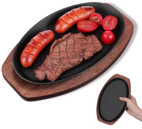 SWETRACE Padella per Bistecca in Ghisa da 10 Pollici con Base in Legno, Piastra per Grigliare Uniforme per Uso Domestico e Barbecue All’aperto, Teglia Resistente e Compatta per Cucina