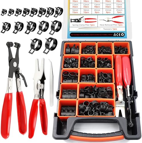 352Pcs Black Spring Band Hose Clamps Set,15 Sizes (6-25mm) with 3 Essential Tools,Constant Tension Steel Clamps for Fuel Lines,Vacuum Hoses,Silicone Tubes,Radiator Hoses