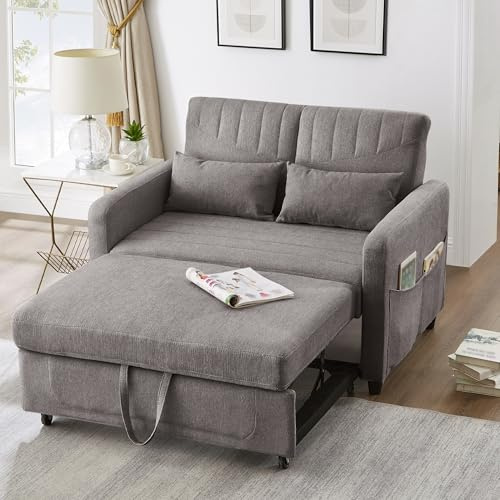 Httcg 2 Seater Sofa Pull Out Sofa Bed with Pull Out Design and Sleeping Function, Sofabed Couch Bed with Three-Level Adjustable Backrest and Storage Bag, Loveseat Sofas, Cotton Linen, Dark Grey