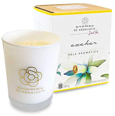 AROMAS DE ANDALUCIA, Vela Aromática, Cera de Soja, 100% Natural, Azahar, Cristal, 250 gr, Regalo Relajante (Azahar, 250)