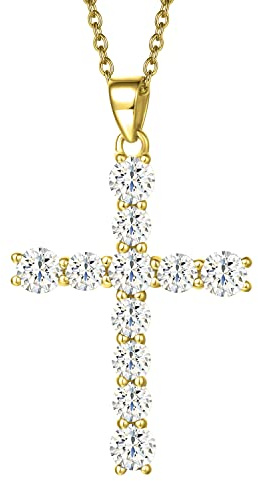 Carleen Cross Necklace For Women Yellow Gold Plated Sterling Silver CZ Simulated Diamond Cross Pendant Jewelry Gift for Women, 18 Silver Chain