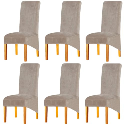 LANSHENG Velvet Dining Chair Covers Set of 6, Washable Chair Covers XL | Stretch High Back Chair Seat Slipcover, Large Kitchen Chair Protector for Dining room, Restaurant, Hotel, Khaki