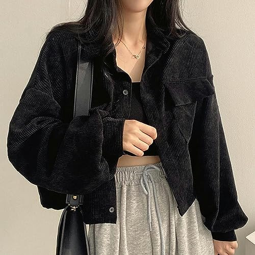 WSZJLN 2023 Otoño Blusa De Pana Retro Mujer Cuello Vuelto De Un Solo Pecho Chaqueta Recortada Bolsillos Femeninos Camisas Casuales Top-Negro-XL