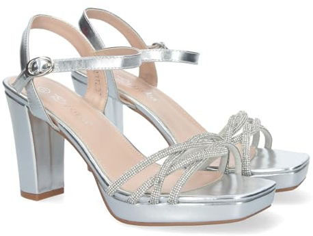 shoes&blues.es 81216-Sandalias de Mujer de Fiesta con Tacon, Adornos Brillantes, Cierre de Hebilla y Puntera Abierta, Ideal para Eventos.. Talla 38 Plata