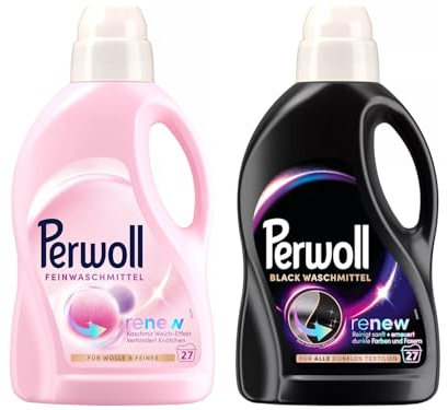 PERWOLL Flüssig-Set 2x 27 Waschladungen (54WL) 1x Black & 1x Für Wolle & Feines, Feinwaschmittel erneuert dunkle Farben und Fasern & Feinwaschmittel glättet und verhindert Knötchen