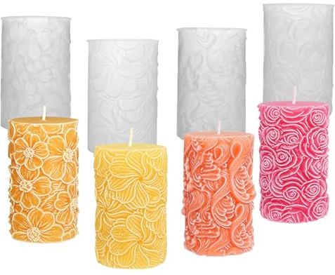 Syunyin 4 Stück Kerzen Formen Silikon Blumen 3D, Kerzenformen zum Gießen DIY Kerzen Silikonform Kerzengießform, Silikonformen Kerzen Gießen Formen Zylinder, Kerzen Selber Machen Set Formen