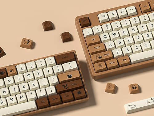 LQXQ Coffee Cat Keycaps, 142 Tasten XDA PBT Tastenkappen ANSI/ISO Layout, Farbstoff Sublimation Tastenkappe für Gateron MX Switch mechanische Gaming-Tastatur (Leertaste ist 6,25U/7U)