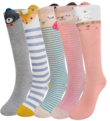 LOFIR Calzini Ginocchio Bambina Ragazze: Calze Lunghe Senza Cuciture in Cotone per Bambini - calzetti Gambaletto Invernali con Righe Divertenti Colorati per Natale Regali 5 Paia Animali 27-30