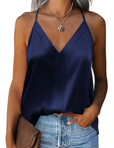 Womens Silk Tank Tops V Neck Casual Tops Basic Stain Camisole Navy Blue S