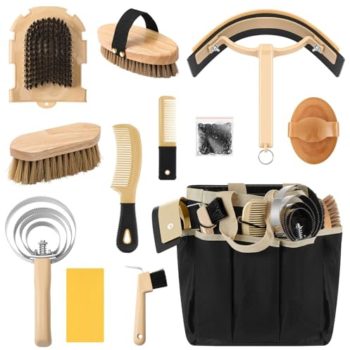 Abbylike 12 Piece Horse Grooming Kit with Organizer Tote Bag Brush Sets for Derby Day Show Horses Professional Tools for Care & Massage(Khaki and Black)