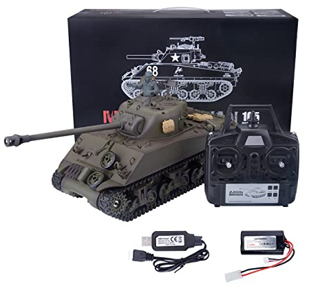 Palapozzy Réservoir RC 1/16 pour adultes, 2,4 G US M4A3 Sherman Main Battle Tank Modèle avec boîte de vitesses rétractable Long Canon Lancement BBs Bataille infrarouge, modèle de véhicule militaire
