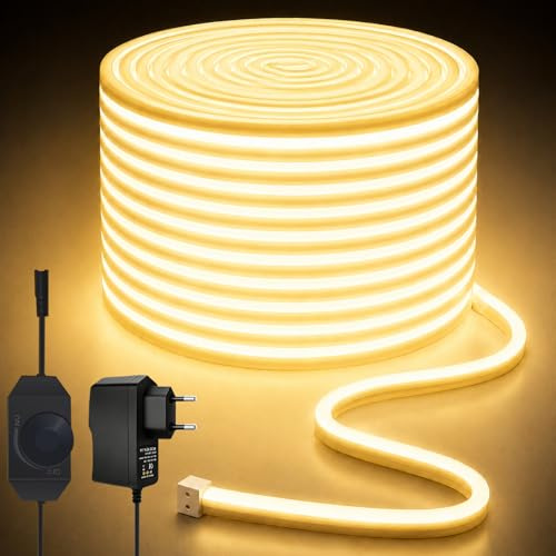Lucienstar Neonljusslinga, 15M, 3000 K Varmvitt, dimbar LED-ljusslinga,24 V, flexibel och kapbar, IP65 vattentät LED-ljusslinga för sovrum, inomhus och utomhus