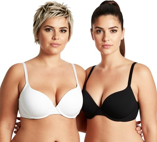 Curve Muse Lättlyft för kvinnor Lägg till 1 kopp tryck upp-bygel-konvertibel T-shirt-BH-2-Packa-Svart,Vit-75E