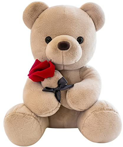 Oso de peluche con rosa, dulce peluche como regalo para niños, niñas, cumpleaños, Navidad, día de San Valentín (23 cm, marrón)