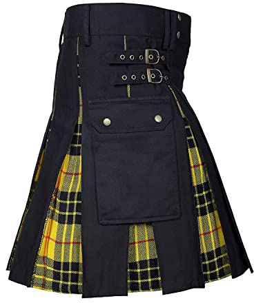 BaronHong Hommes Kilt Utilitaire Écossais Traditionnel Highland Tartan Plissé Boucle Sangles Costume Kilts avec Poches Cargo (Jaune-Noir, S)