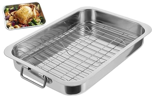 U HOME Stainless Steel Roasting Pan with Rack, Roaster with Baking Rack, Baking Pans, Cooking Tray, Dishwasher Safe Cookware. (Large 37x28x6cm)