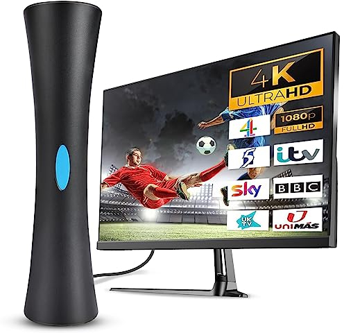 AXFEE High Gain TV Aerial, Portable Indoor/Outdoor TV Aerial Signal Booster with Adhesive, 360° Reception & 180 Miles Long Range with Strong Signal Digital Freeview TV Antenna Support 4K 1080P HDTV