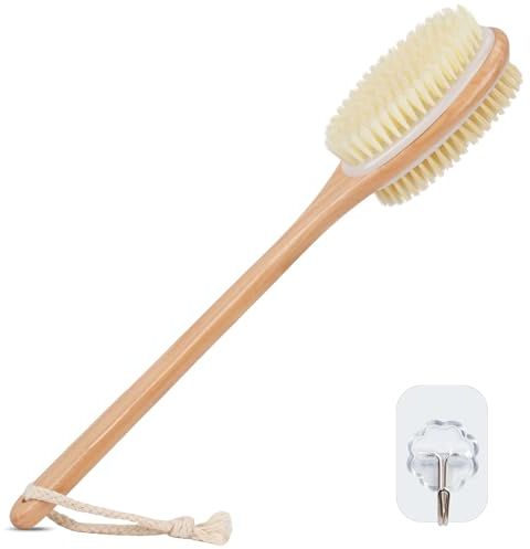 Alyvisun Rückenbürste aus Holz für Dusche mit Langem Griff, Doppelseitige Rückenschrubber mit Steifen und Weichen Borsten, Nass- und Trocken Peeling Körperbürste