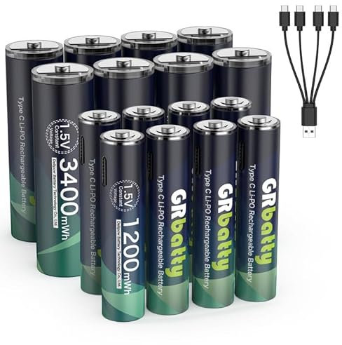 GRbatty Pilas Recargables AA y AAA 1.5V USB Batería Litio AA Recargables,8 Piezas de 3400mWh y 8 Piezas de AAA 1200mWh Batería con Cable Carga USB Tipo C,más de 1500 ciclos