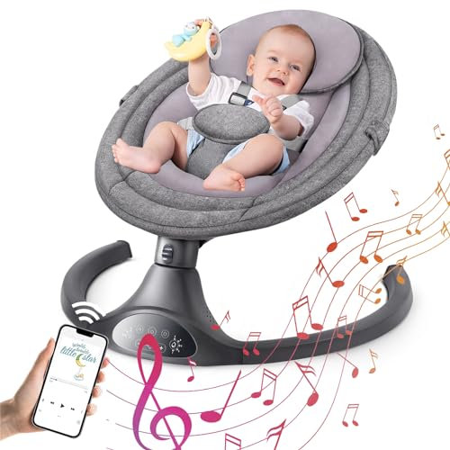 HEMUYT Babywippe Elektrisch, Elektrische Babyschaukel mit 5 Schaukelgeschwindigkeiten und 3 Stufen Timer, Babywippe mit Bluetooth und Fernbedienung, 5 Punkt Sicherheitsgurt, 10 Musik, 0-6 Monate