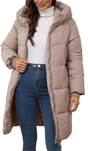 Women's Winter Jacket Long Warm Quilted Jacket Down Jacket Buffer Jacket Stand Collar Winter Coat Quilted Coat with Hood (Khaki, XXL)