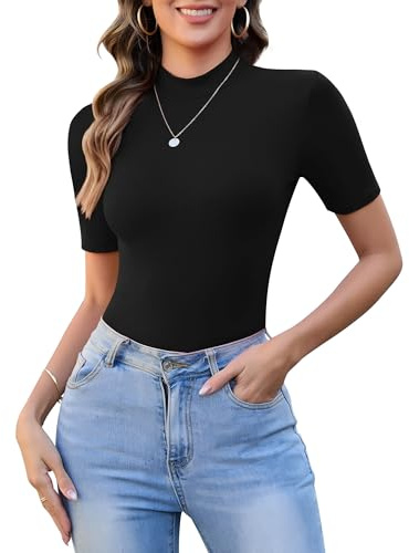 SHAPERIN Women's Tops Short Sleeve Turtleneck T-Shirt Top Based Layer Tight Shirts Tee Mock Neck Half Sleeve Top Black S