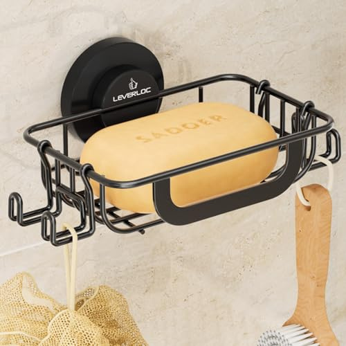 LEVERLOC Soap Dish for Shower with Hooks, Bar Soap Holder with Suction Cup, Soap Tray Rustproof Stainless Steel Holder for Bathroom Soap Saver, Black