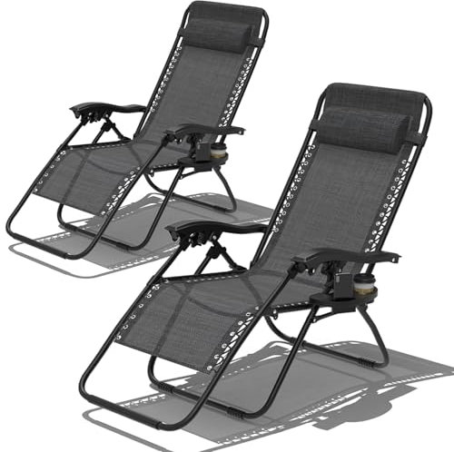 Sonnenliege,Liegestuhl Klappbar,Gartenliege,Tragbare Gartenstuhl mit Kopfkissen,Becherhalter,Verstellbarer Rückenlehne,Tragbare Relaxliege,Klappstuhl für Outdoor Garten Terrasse,Schwarz，2PCS