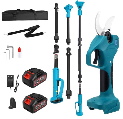 Tijeras de Podar Electricas, Motor sin Escobillas de 800 W Tijeras de Podar Bateria Pantalla LCD,Viene con un Poste Telescópico de 136-233 cm y dos Baterías de 3000 mAh Electric Pruning Shears
