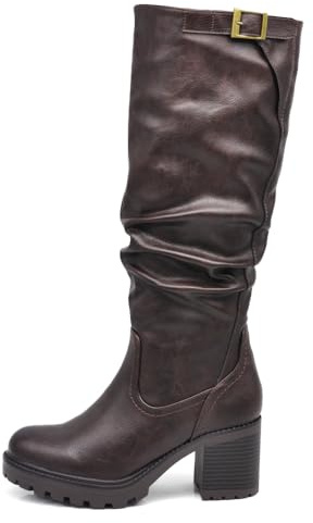 IF FASHION Stivali Arricciati Al Polpaccio da Donna In Pelle Sintetica Con Tacco Grosso Plateau Fibbia G700 Brown N.39