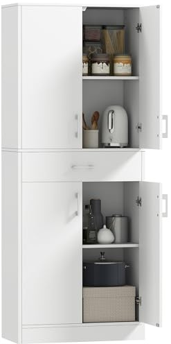 HOMCOM Credenza Cucina Alta, Mobile Dispensa con 2 Armadietti e Cassetto Grande, Mobile Cucina con Ripiani Regolabili, per Sala da Pranzo, Soggiorno, Salotto, 70.8x34x180 cm, Bianco