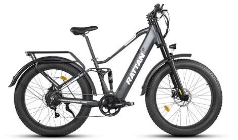 Rattan Pathfinder PRO Bicicletta Elettrica da 26 Fat Tire per Adulti, 48V 18Ah, Autonomia Fino a 120km, Freni e Sospensioni Idrauliche, 7 Velocità (Pathfinder-PRO, Grigio)