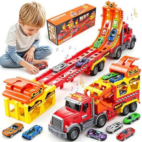 EUCOCO LKW Spielzeug ab 2 3 4 5 6 Jahre Junge, Geschenk Junge 2-6 Jahre Auto Rennbahn Kinder Spielzeug Kinderspielzeug ab 2-6 Jahre Autotransporter Kinderspiele Geburtstagsgeschenk für Kind Truck
