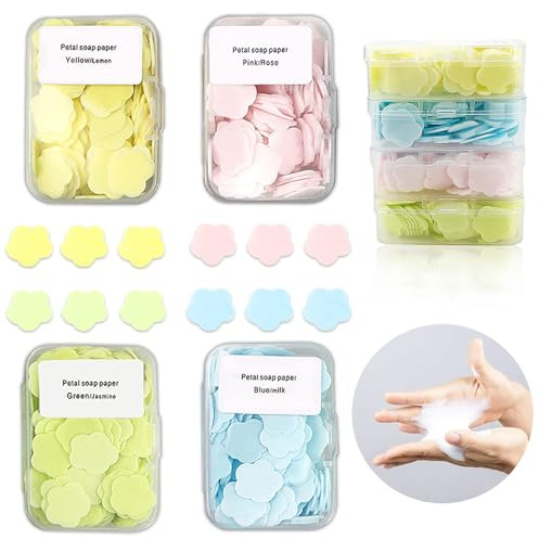 400 Hojas de Jabón de Papel Portátiles, Jabón de Manos Desechable para Viajes, Camping y Senderismo, 4 Cajas de Mini Láminas de Jabón (Limón, Leche, Rosa, Jazmín), Higiene de Manos en Exterior