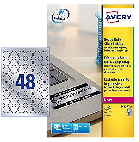 AVERY Zweckform L6129–20 silber schwer Pflicht wetterfest Etiketten für Laserdrucker (30 mm Dia Runde Etiketten, 48 Etiketten pro A4 Blatt, 20 Blatt)