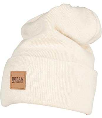 Urban Classics Unisex Strickmütze Leatherpatch Long Beanie Elfenbein (Sand 208), One Size (Herstellergröße: One Size)