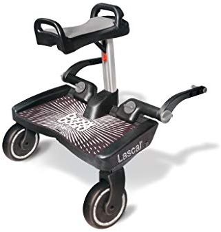 Lascal BuggyBoard Maxi+, Kinderbuggy Trittbrett mit großer Stehfläche und Saddle, Kinderwagen Zubehör für Kinder von 2-6 Jahren (22 kg), kompatibel mit fast jedem Buggy und Kinderwagen, schwarz