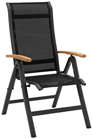 OUTLIV. Klappsessel Alpha Aluminium, Teak-Armlehnen, Textilene reißfest, klappbar, verstellbare Rückenlehne, 63,5x68x110 cm, anthrazit-schwarz