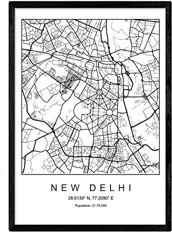 Nacnic Mappa della città New Delhi Nordic Style in bianco e nero. Poster A4 incorniciato con cornice nera carta stampata 250 gr. Immagini, fogli e poster per salone e camera da letto