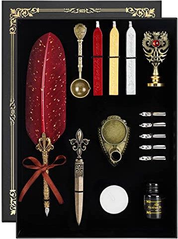 Karhood Quill Pen and Ink Set - Feather Calligraphy Dip Fountain Pen with Wax Seal Stamp Kit and 5 Nibs (Red)