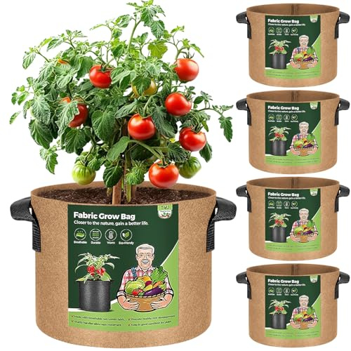 T4U 5-Pack 10 Gallon Fabric Plant Grow Bags, Heavy Duty Smart Growing Bag with Handle, Thickened Breathable Nonwoven Growbag Planter Container for Potato Tomato Chili Strawberry Vegetable Seed Outdoor