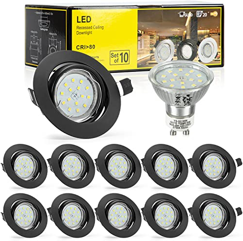 Bojim Led Einbaustrahler 230V, 10x Spot Schwarz GU10 6W 4000K Neutralweiß Deckenspots 68mm 30° Schwenkbar Einbauleuchten IP20 Rund Einbauspots Decke Wohnzimmer Deckenstrahler 82 Ra 550LM, IP20