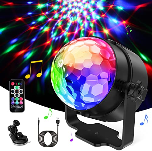 Sfera da discoteca, 360°, rotazione a sfera sfaccettata, controllo vocale, lampada da palco, colori luce festa con telecomando, effetto luce dinamico 3 W, RGB, 4 m, cavo USB per