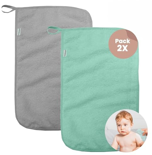 MIMUSELINA Pack 2X Mini Toallas Bebé | Toallas Guarderia con Colgador | Toalla Pequeña Infantil | Rizo algodón Absorbente gramaje 450 gr. 4,5cm | Menta/Gris