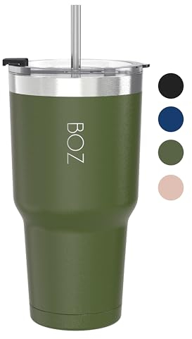 BOZ Vaso Térmico - Vaso con Tapa y Pajita - Vaso Termo Café para Llevar - Vaso Termo de Acero Inoxidable - Taza Termo Perfecta para Bebidas Frías y Calientes - Tumbler Sin BPA (900 ml - Verde Oscuro)