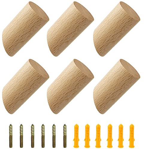 YDHfdc Wood Wall Hooks 6 Pieces Wooden Cylinder Hooks 3x6cm Decorative Hooks Single Organizer Accessories with Screws for Household Accessories, Scarves, Clothes, Hats