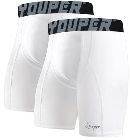 Youper 2-Pack Adult Compression Shorts w/Cup Pocket, Men's Athletic Supporter for Baseball & Football (X-Large, White)