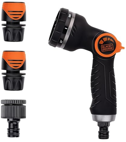 BLACK+DECKER Pistolet d'Arrosage avec 3 Raccords - pour Tuyau de Jardin - Débit d'Eau Réglable - Plastique - Noir/Orange